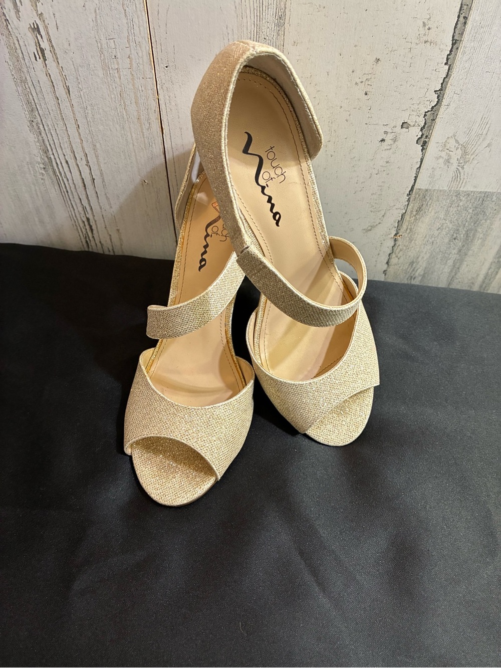 Touch of Nina Gold Peep-Toe Ankle Strap Heels Sz 7.5M